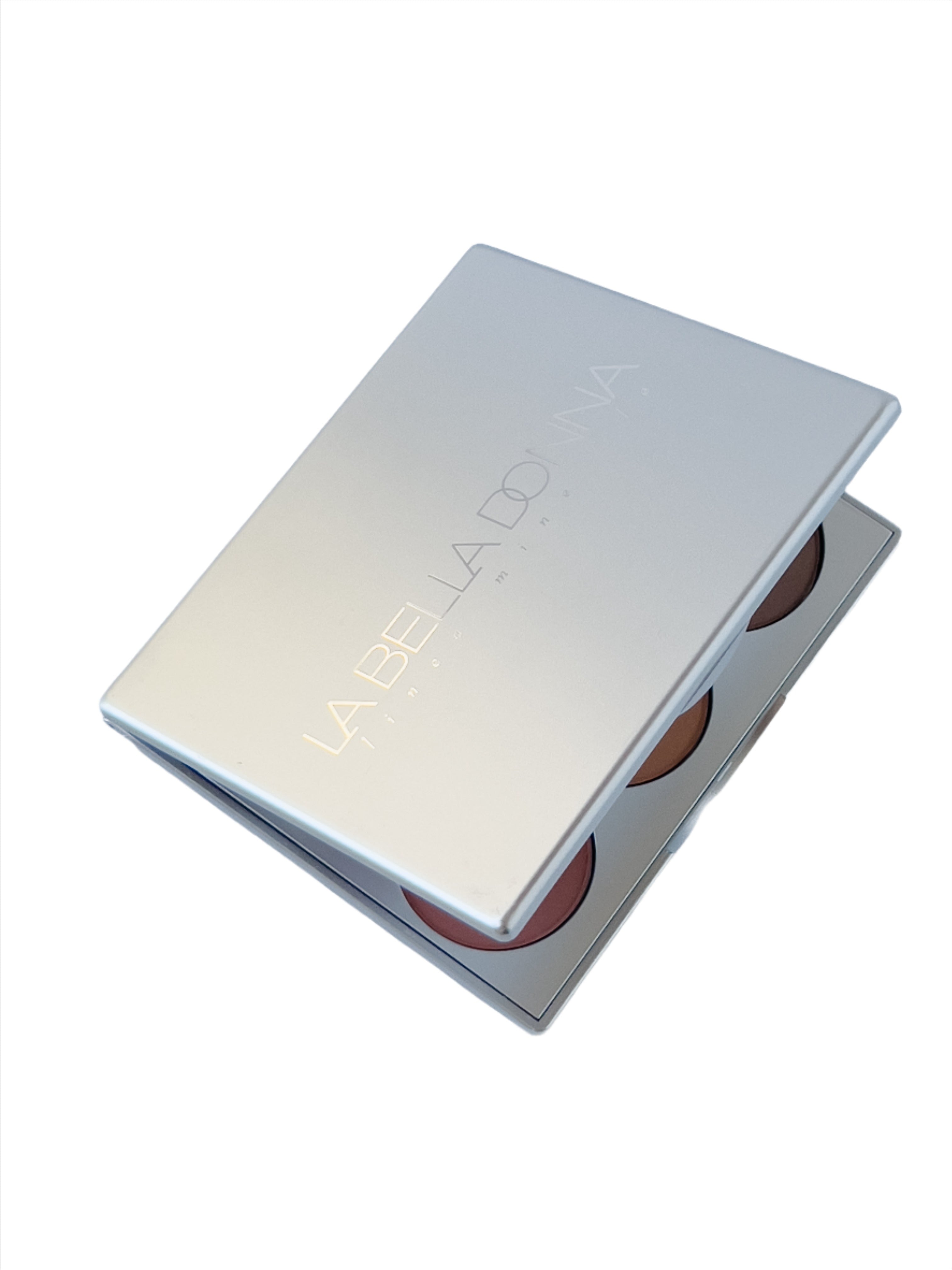 Rectangular silver positano mineral makeup palette shown partially closed