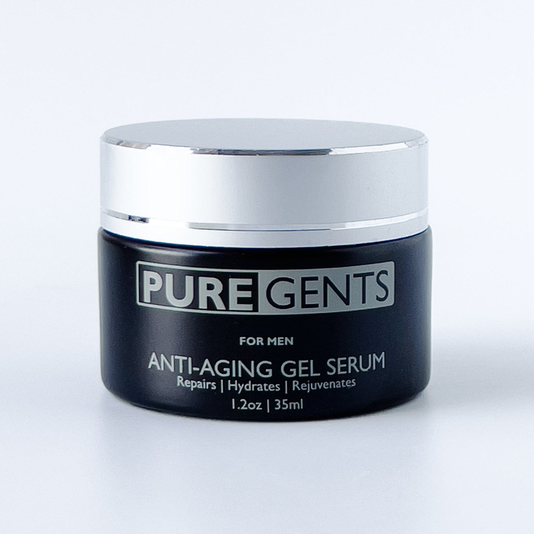 The PUREGENTS Anti-Aging Gel Serum is show. The tub is black with gray text and a silver top