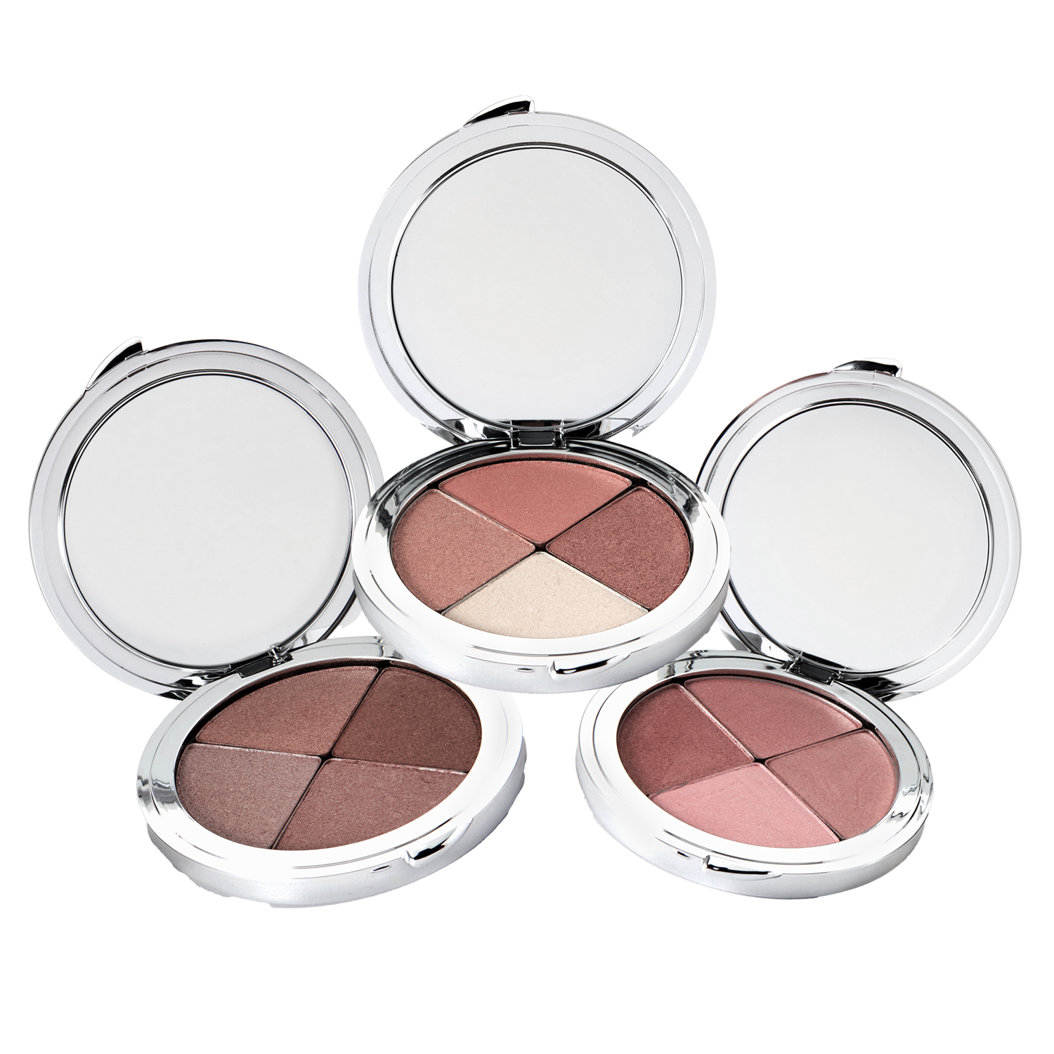 3 Compressed mineral compacts are shown open, exposing the 4 shades included in with each compact