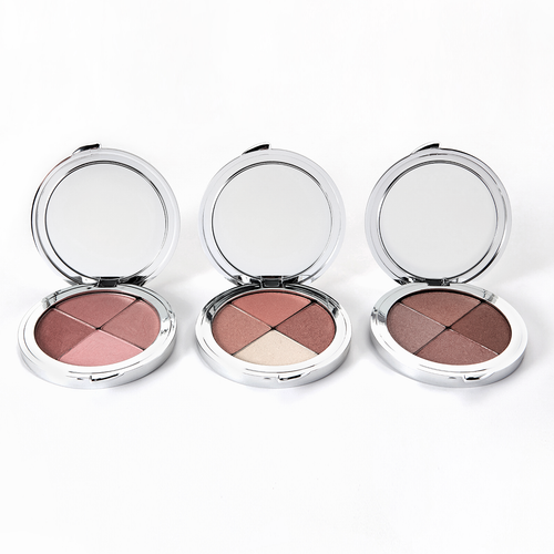 Three round mineral makeup compact shown open with mirrors and 4 shades in each
